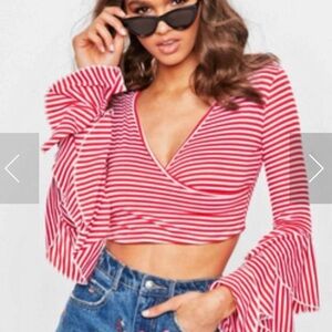 NWT Misguided Red & White Striped Crop Top with a Wrap Front and Tiered Sleeves